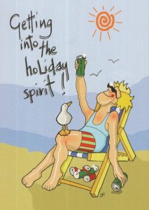 Beer Can Litterbug Drunk Alcohol Eastbourne Sussex Beach Comic Postcard