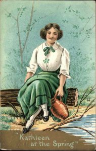 St. Patrick's Day Beautiful Irish Woman Kathleen at the Spring c1910 Postcard