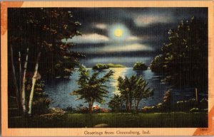 Scenic Moonlight View, Greetings from Greensburg IN Vintage Postcard L63