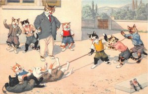 CATS TUG-OF-WAR COMIC DRESSED ANIMALS MAINZER 4725 POSTCARD (1940s)