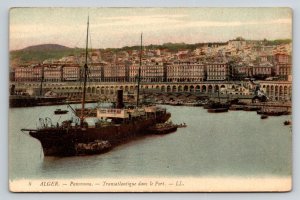 Vintage Algiers Algeria Postcard Panorama Transatlantique Ship in Port LL