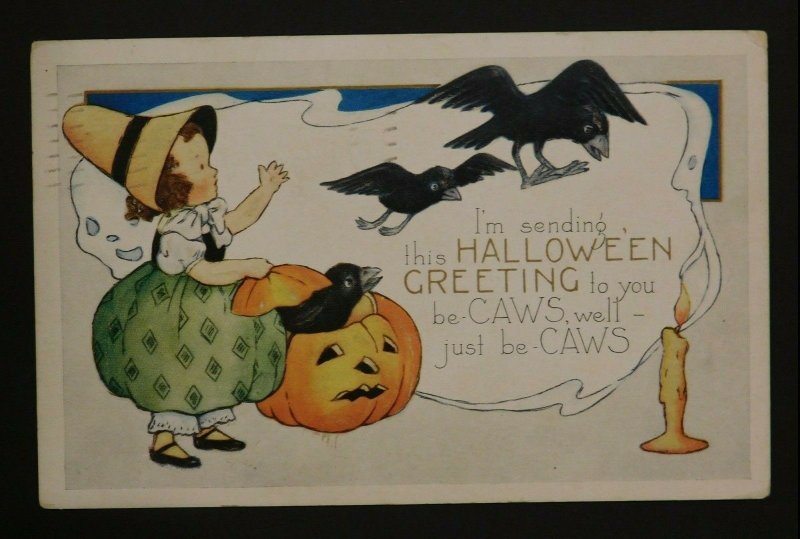 1922 Halloween Postcard Little Girl, Black Crows, Jack-O'-Lantern , Beloit, WA