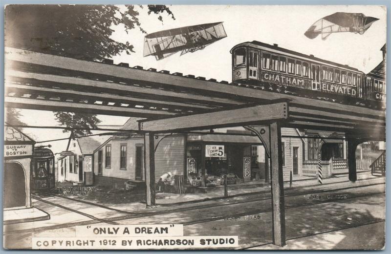 PHOTOMONTAGE CHATHAM MA TRAIN AIRPLANES 1912 ANTIQUE REAL PHOTO PC RPPC RAILROAD