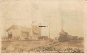 PINE BLUFFS, WYOMING TRAIN DEPOT AND ELEVATOR-1913 RPPC REAL PHOTO  POSTCARD