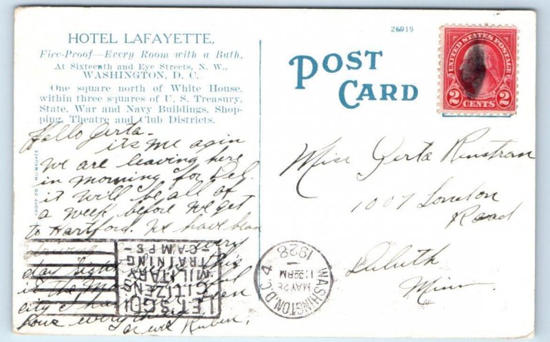 WASHINGTON, DC ~ 1928 ~ Dining Room HOTEL LAFAYETTE  Postcard