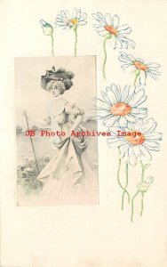 4 Postcards, Art Nouveau, Pretty Women of Leisure, Flowers