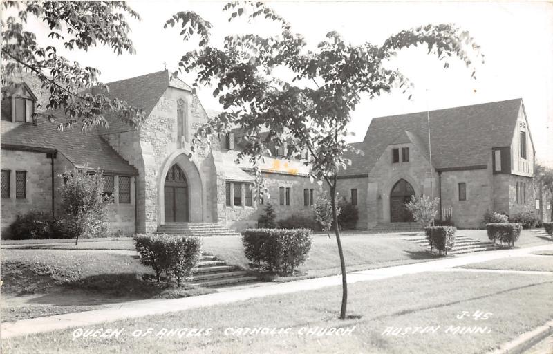 Austin Minnesota~Queen of Angels Catholic Church~Young Trees in Front~1940s RPPC