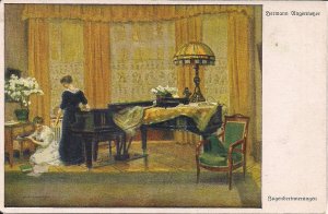 Two Women w Piano, Art Nouveau Lamp,.Germany 1910, Artist Signed, Music