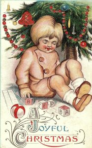 C.1910 Tree Candle Blocks Cute Kid Joyful Christmas Victorian Postcard F36