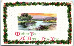 Postcard - Wishing You A Happy New Year with Mistletoe Embossed Art Print