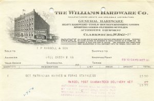 CLARKSBURG WV~WILLIAMS HARDWARE-WILCO-NICE GRAPHIC~1927 BILLHEAD