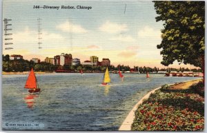 Chicago Illinois, 1952 Diversey Harbor, Lincoln Park, Lake Shore Drive, Postcard