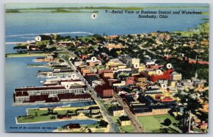 Sandusky Ohio~Aerial View Of Business District & Waterfront~Vtg Linen Postcard