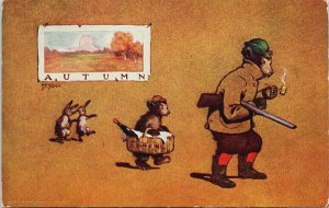 St. John Artist Autumn Bears Rabbits Shotgun Cigar Lunch Unused Postcard G44