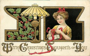 Embossed Christmas Postcard Thoughts of You, Girl Wraps Gift, Signed H.B.G. 2264