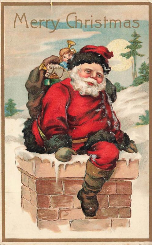 c1910 Christmas Santa Claus In Chimney Toys Sack Embossed Germany P113 