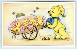 Signed Daester BELGIAN  GREETING Postcard c1940s TEDDY BEAR & CART Baby Bears