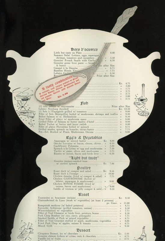 1950s 7 SMAA HJEM COPENHAGEN DENMARK DIE-CUT WITH SPOON DINNER MENU 16-56 