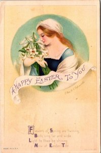 Clapsaddle Postcard Beautiful Woman Holding Bouquet of Easter Lily Flowers