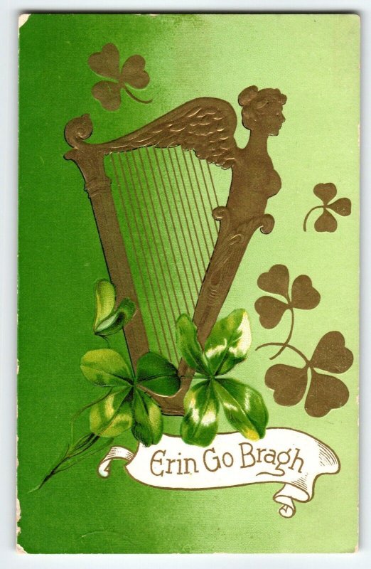 St Patrick's Day Postcard Erin Go Bragh Gold Harp Clovers Embossed Shamrocks