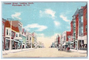 Waukegan Illinois Postcard Genesee Street Looking South Buildings 1918 Vintage