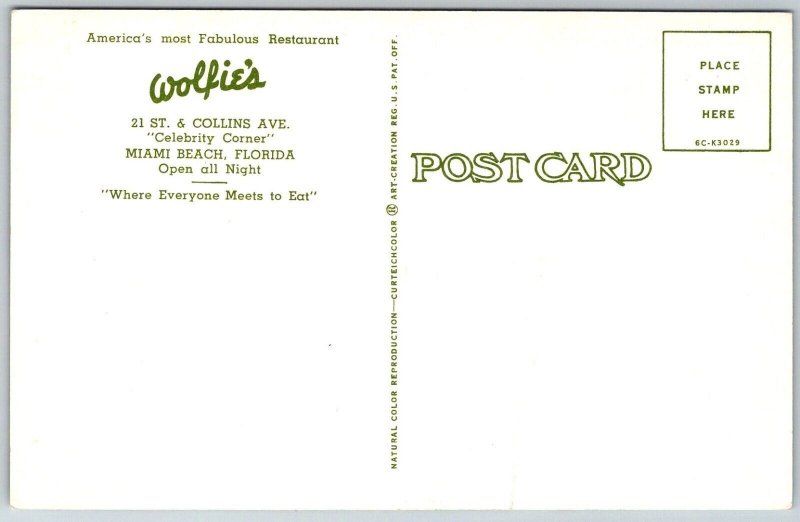Miami Beach Florida 1950s Postcard Wolfie's Restaurant