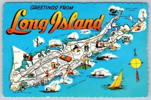 Long Island NY Greetings Map Postcard Showing Points Of Interest & Major Routes