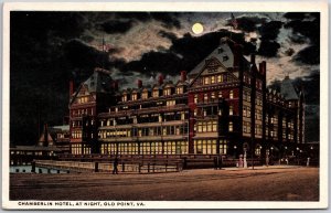 Chamberlin Hotel At Night Old Point Virginia Moonlight Boardwalk View Postcard