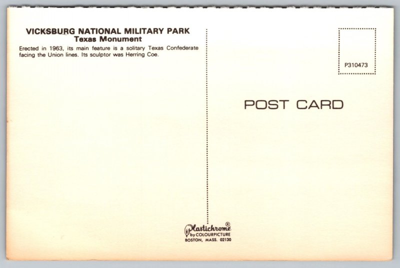 Vicksburg National Military Park Texas Monument TX Postcard UNP VTG Plastichrome