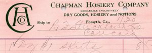 1941 CHAPMAN HOSIERY COMPANY FORSYTH GA DRY GOODS NOTIONS INVOICE BILLHEAD Z825