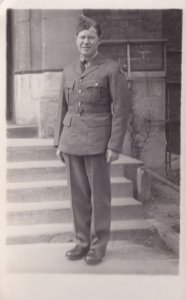 Military Soldier At Building Steps Real Photo Portrait Postcard