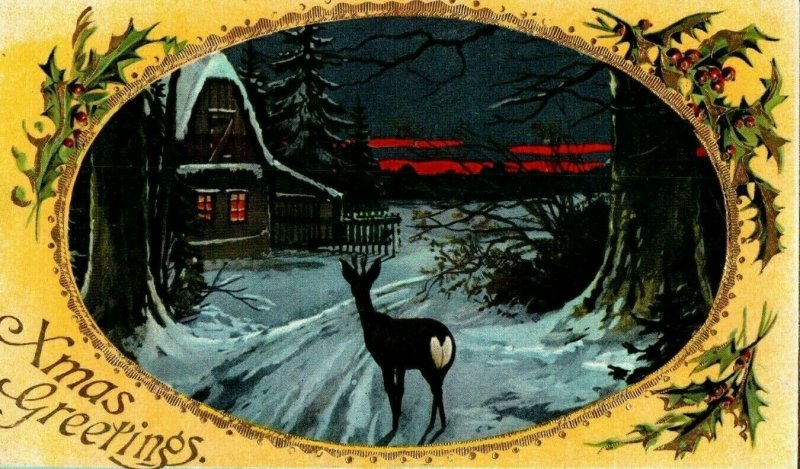 c.1910s Gel Christmas At Night Deer Gilt German Postcard F74 