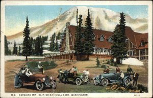 Rainier National Park Washington WA Paradise Inn Classic Cars Vintage Postcard