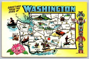 State Maps~Greetings From Washington~Tacoma~Walla~Bellingham~Vintage Postcard