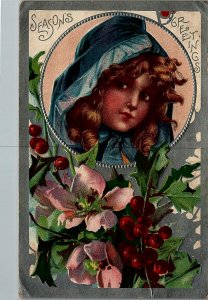 c1910 CHRISTMAS SEASONS GREETINGS VICTORIAN GIRL HOLLY EMBOSSED POSTCARD 39-123