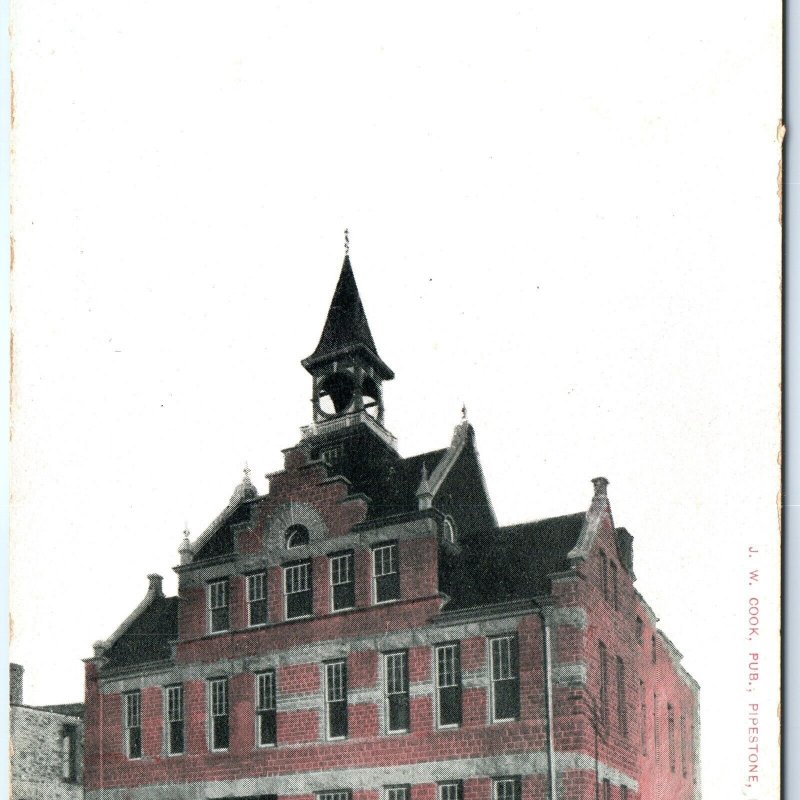 c1910s Pipestone, MN City Hall Brick Lith Photo Postcard Minn Bell J.W. Cook A83