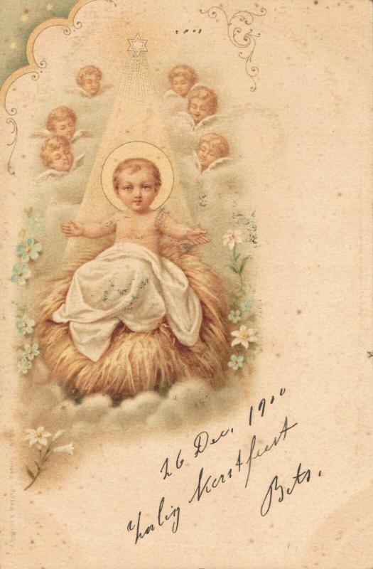 Happy New Year vintage postcard Child and Angels 02.52