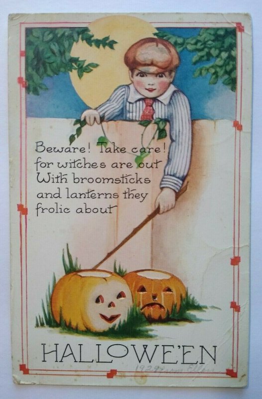 Vintage Halloween Postcard Whitney Boy Behind Fence JOL Hyattsville MD Original