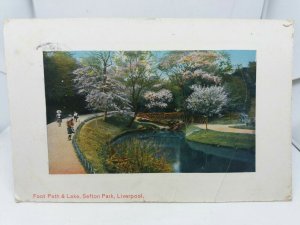 Antique Postcard Children with Tricycle on FootPathby Lake Sefton Park Liverpool