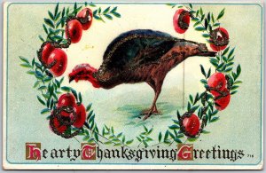 Hearty Thanksgiving Greetings Turkey & Fruits Holiday Wishes Postcard