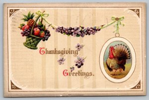 Postcard Thanksgiving Greetings Tom Turkey Fruit Basket Embossed  c 1911 DB