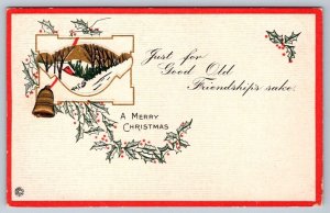A Merry Christmas, Holly, Rural Scene, Antique Embossed Stecher Litho Postcard