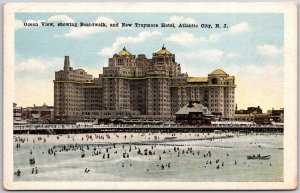 Ocean View Showing Boardwalk & New Traymore Hotel Atlantic New Jersey Postcard