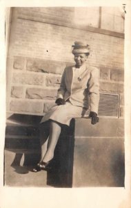 RPPC WOMAN IN COAT & HAT BLACK AMERICANA REAL PHOTO POSTCARD (c. 1940s)