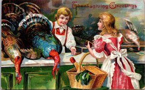Thanksgiving Postcard Young Girl Buying Turkey From Boy Butcher