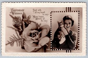 Birthday Wishes, Actress Heather Angel With Cat, Roses, Real Photo Postcard