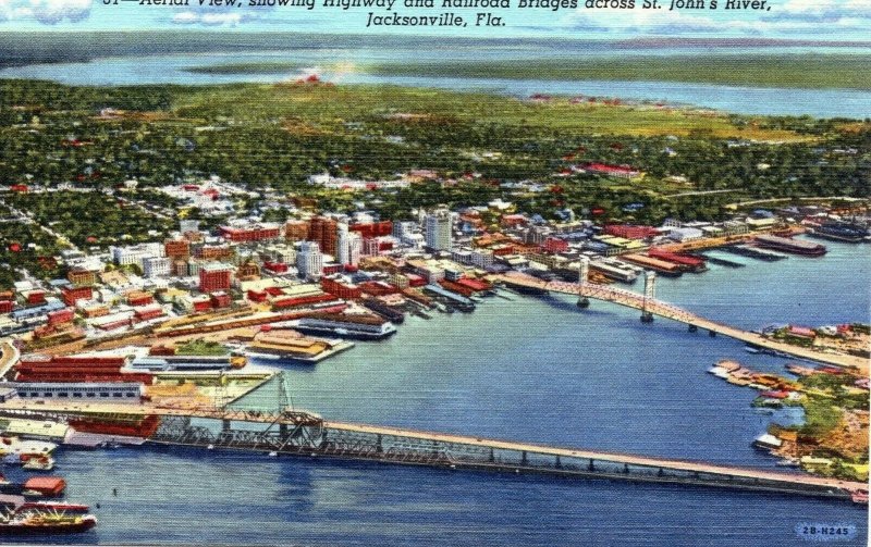 Vintage 1930s Aerial View St Johns River Jacksonville Florida FL Linen Postcard