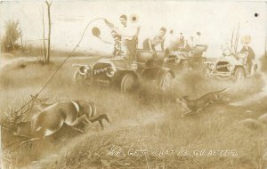 Postcard RPPC 1910 North Dakota Alice Overland auto Deer hunting humor TR24-939