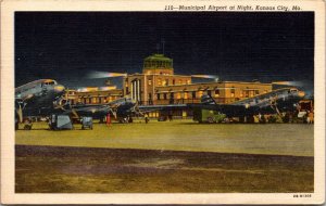 Linen Postcard Municipal Airport at Night in Kansas City, Missouri~2799
