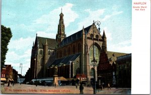 Netherlands Haarlem Grote Markt Met Kerk Vintage Postcard 09.69